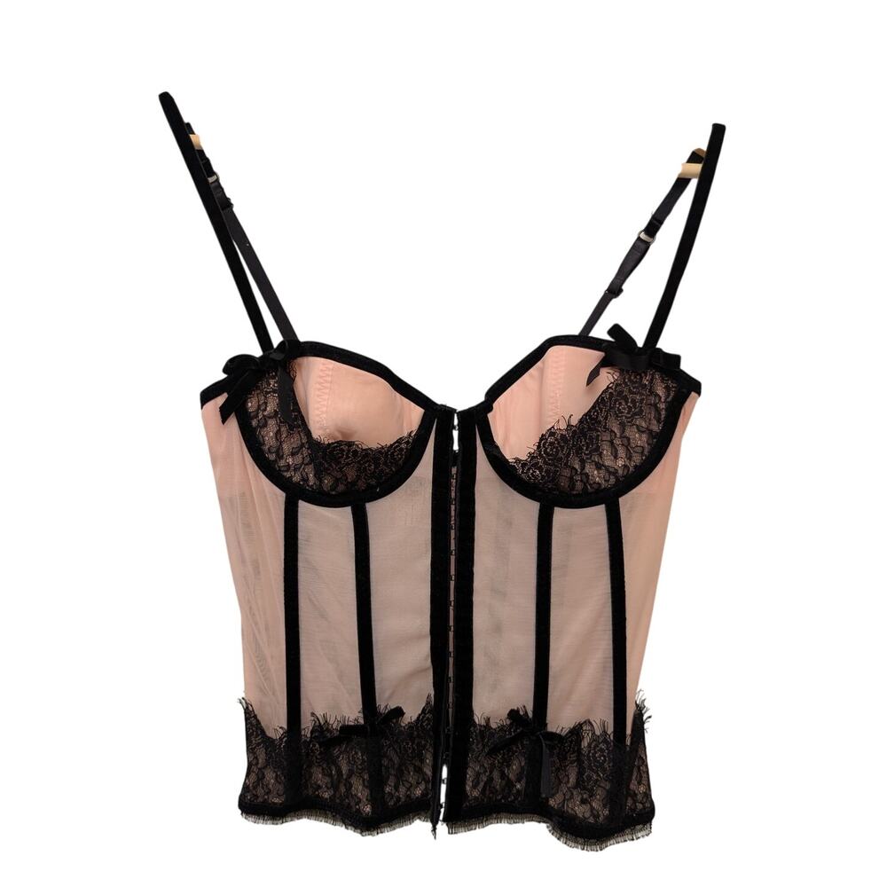 Victoria's Secret Sexy Little Things Corset Pink &‎ Black Lace 34B Cami Lingerie